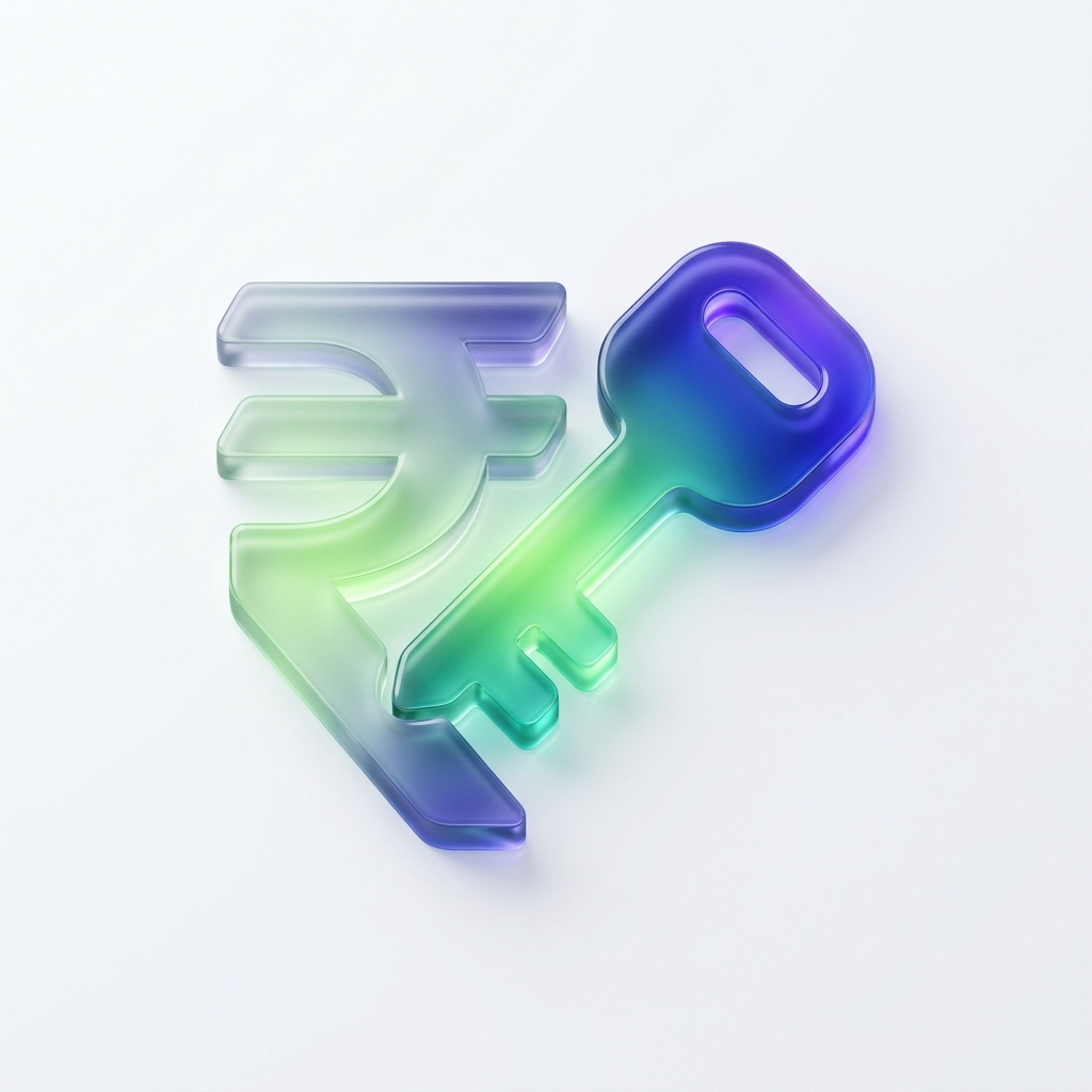 Glassmorphic 3D security key and Rupee chart illustration.