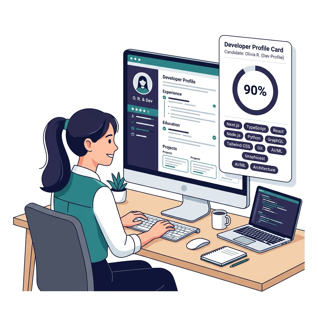 Developer CV builder illustration with indigo skill tags.