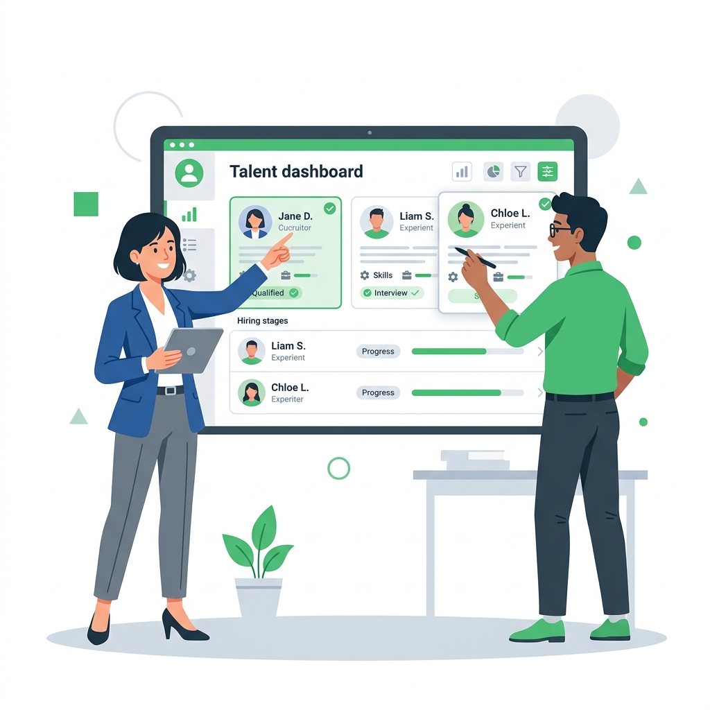 Collaborative B2B recruiter evaluation illustration showing green checkmarks.