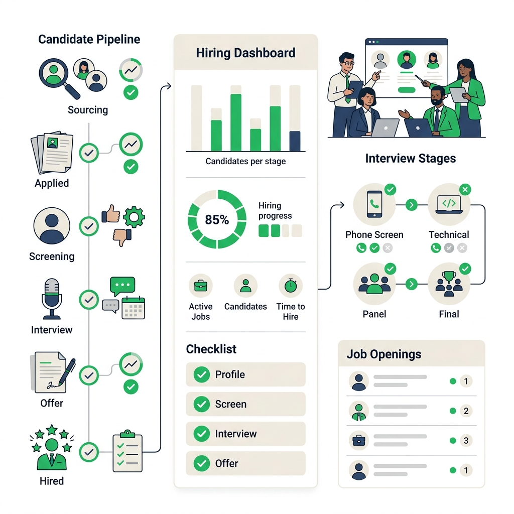 Recruiter hiring workflow, candidate evaluation pipelines, and green checkmarks.